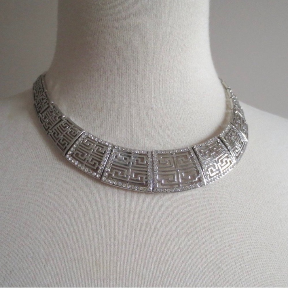 Silver Pavé Elegant Geometric Diamanté Choker Necklace